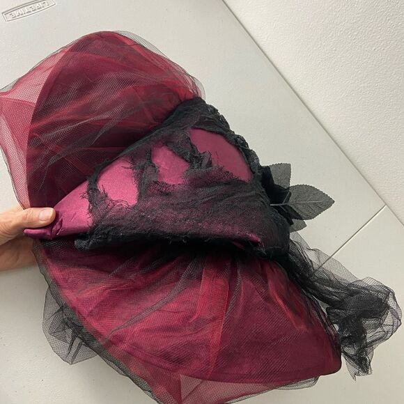 Halloween Red Black Mesh Witchy Hat Black Roses ‎ Whimsigoth Grunge Cosplay OS - Picture 10 of 10